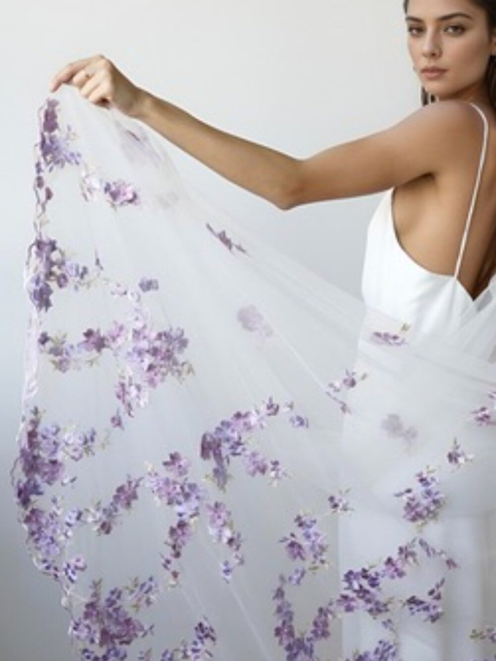Boho Lavender Floral Applique Bridal Veil - 250cm Tulle